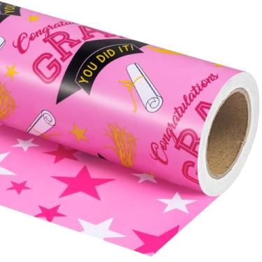 Imagem de WRAPAHOLIC Papel de embrulho reversível para graduação – Mini rolo – 43 cm x 80 metros – Touca valetadeira rosa e estrelas para festa, celebração