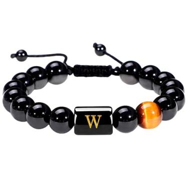 Imagem de YOTHIWAD Pulseira masculina com iniciais e letras, olho de tigre natural, contas de ônix preto, joia feita à mão, presente para homens, 8in, Sem Pedra Preciosa