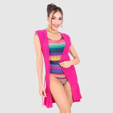Imagem de Saída De Praia Feminina Manga Curta Tricô Moda Praia Verão - Swiss Bou