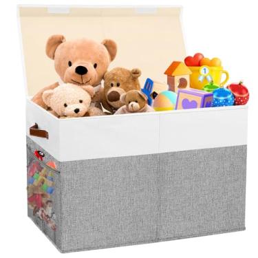 Imagem de Grande caixa de armazenamento de brinquedos com tampa, organizador de brinquedos resistente dobrável cesto de caixa com divisor de malha para crianças, meninos, meninas, armário, sala de jogos, quarto