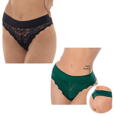 Imagem de Kit 2 Calcinhas Fio Dental Vanille DeMillus Renda Cós Duplo, Preto, Ve