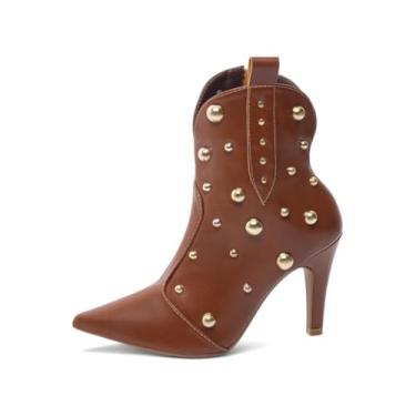 Imagem de Bota Feminina Cano Curto Bico Fino Salto Alto Stiletto 9cm Feita em Napa com Zíper e Apliques (Caramelo, BR, Adulto, Numérico, 37)