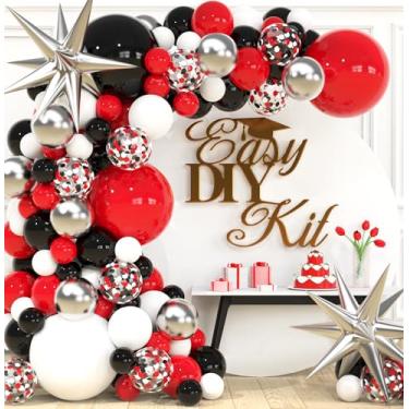 Imagem de Kit e arco de guirlanda de balões vermelhos e pretos – Decorações de festa pequenos e grandes balões vermelhos e brancos pretos para formatura ou aniversário de meninos – Chá de bebê para churrasco, cassino, pôquer, Vegas, joaninha, pirata, carros