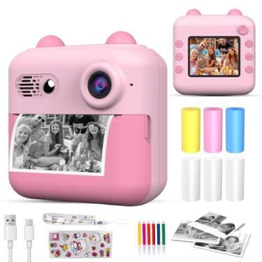 Imagem de Câmera infantil com impressão instantânea, adequada para aniversários de crianças de 3 a 10 anos, câmera digital HD para impressão infantil 1080p, brinquedos portáteis para crianças (A22-Rosa)