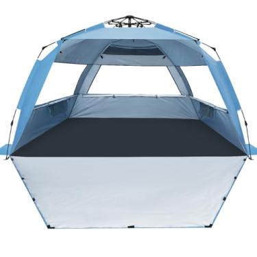 Imagem de WhiteFang Barraca de praia pop-up Deluxe XL para 3 a 4 pessoas, proteção UV, piso extensível com 3 janelas ventiladas, além de bolsa de transporte, estacas e linhas (azul claro)