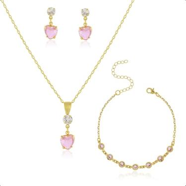 Imagem de Kit Semijoia Banhado Ouro 18k - Pulseira, Corrente, Pingente e Brincos Coração Rosa
