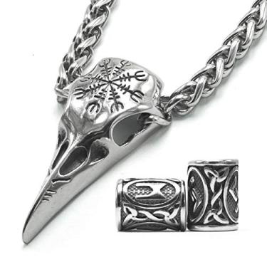 Imagem de Gungneer Colar de caveira de corvo viking nórdico de aço inoxidável Thor Hammer Mjolnir joia para homens e mulheres, contas de barba viking presente, Metal, Não aplicável