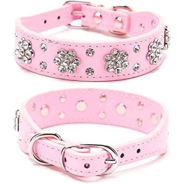 Imagem de Pimaodog Coleira para cachorro com strass, linda flor com strass coleira para cachorro colar de couro PU tamanhos ajustáveis pequeno médio grande (M: 26-32 cm, rosa)