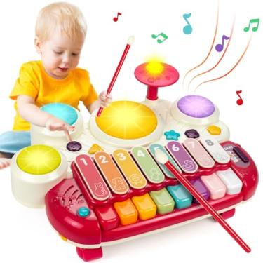 Imagem de Marstone Brinquedos de bebê para presente de aniversário de 1 ano, brinquedos musicais 5 em 1 para crianças de 1 a 2 anos com piano, xilofone, bater uma toupeira, bateria, som e música