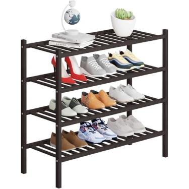 Imagem de Buymoth Organizador de armazenamento de sapatos de bambu de 4 níveis para armário, organizador multifuncional empilhável de prateleira de sapatos para espaços pequenos, entrada, corredor, banheiro 68