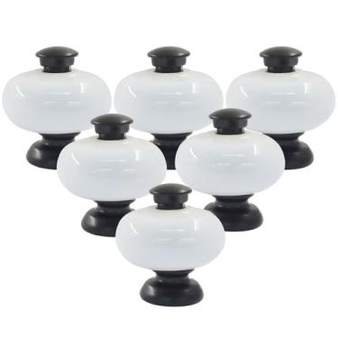 Imagem de Seimneire Puxadores de cerâmica branca, puxador redondo de cerâmica de 26 mm para gaveta de armário de cômoda - 6 peças de base preta