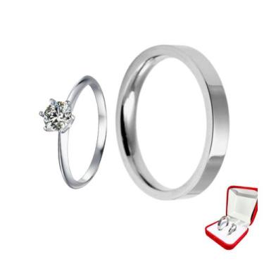 Imagem de Anel Reto 4mm Prata Namoro Tradicional Luxo + Anel Solitário 2mm Prata