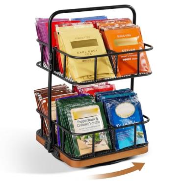 Imagem de Organizador de saquinhos de chá de 2 camadas, organizadores de chá de arte de ferro, suporte de saquinho de chá de madeira de acácia com alça fácil de mover e 8 cestos de chá para organizador de