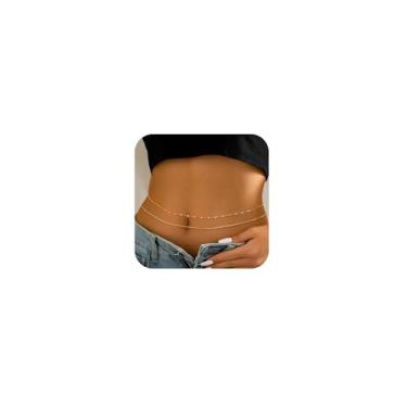 Imagem de AVYRING Corrente de cintura dourada para mulheres delicada Boho em camadas ajustáveis com contas de biquíni cinto pérola strass genuíno rosa praia cascalho barriga corrente, 26.8"+9.8", Metal não