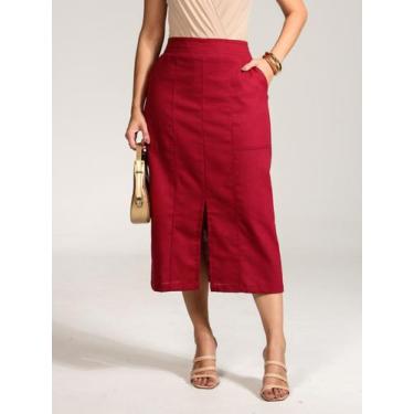 Imagem de Saia Midi de Linho com Fenda Charmosa e Cós Flexível - Lumia, Vinho, P