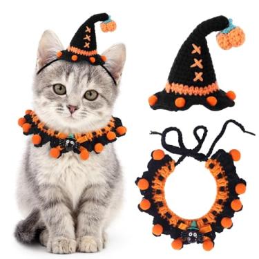 Imagem de Kunyeah Conjunto de fantasia de animal de estimação de Halloween para gatos pequenos chapéu de malha ajustável cachecol estampa de abóbora e bruxa babador fofo de crochê coleira de gato boné roupa