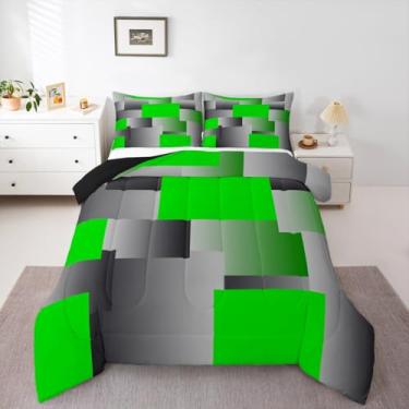 Imagem de Erosebridal Conjunto de edredom geométrico quadrado, verde, cinza, branco e preto, verde, abstrato, quadriculado, geométrico, geométrico, tamanho solteiro, para crianças, meninos e meninas