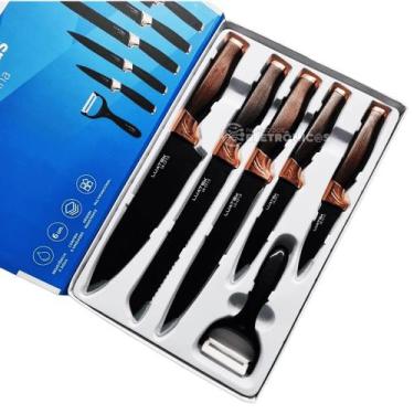 Imagem de Conjunto Facas 6 Peças Profissionais Antiaderente Cabo Madeira Preto L