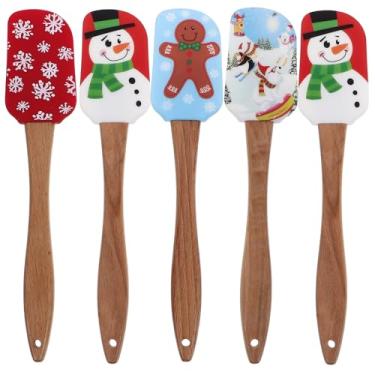 Imagem de Espátula de silicone de Natal, conjunto de 5 espátulas de silicone de cozinha, espátula de decoração de bolo de Natal raspador de manteiga com de madeira para decoração de Natal, assar e cozinhar