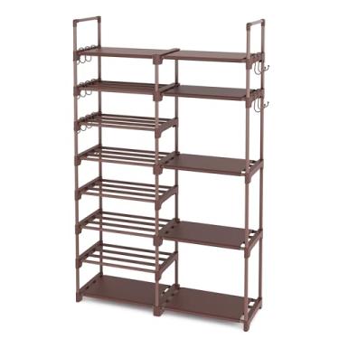 Imagem de ROJASOP Organizador de sapateira, sapateira de metal de 8 camadas para armário de entrada e garagem, 26 a 32 pares de prateleiras de armazenamento de botas de sapatos de altura com 15 ganchos, suporte