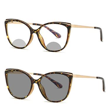 Imagem de Óculos de sol fotocromáticos bifocais fotocromáticos para leitura presbiopica progressiva olho de gato para mulheres leitoras, Leopardo, M