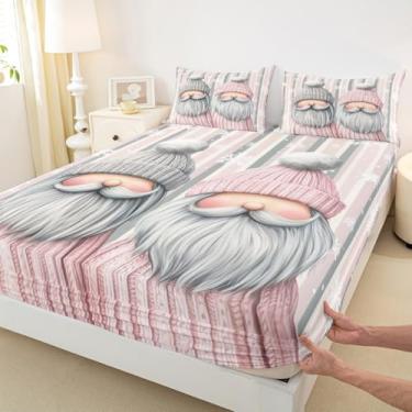 Imagem de Jogo de lençol casal infantil de Papai Noel, gnomo de Natal, para meninos e meninas, decoração de quarto de floco de neve, cinza, rosa e bege, 2 fronhas (sem plano)