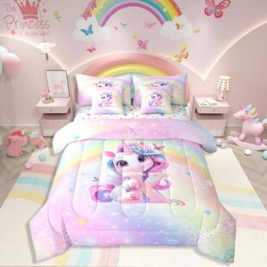 Imagem de Erosebridal Jogo de cama solteiro com estampa de unicórnio 3D rosa e azul 3D, estampa de unicórnio, com glitter, solteiro, para crianças, meninas, com edredom e letra K