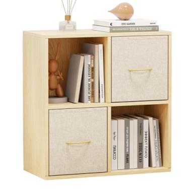 Imagem de EXPERLAM Organizador de armazenamento de 4 cubos – estante de madeira maciça com 2 caixas de armazenamento, prateleira de cubo com 2 painéis traseiros removíveis, estante vertical ou horizontal