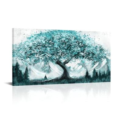 Imagem de RyounoArt Arte de parede azul-petróleo quadros de árvores grandes pinturas em tela natureza decoração de parede para casa sala de estar quarto emoldurado 50,8 x 101,6 cm (azul-petróleo)