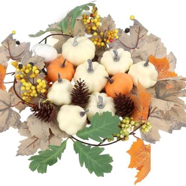 Imagem de Jaciya Conjunto de decoração de outono, abóboras artificiais, decoração de outono com pinhas, frutas vermelhas, folhas de bordo, guirlanda de outono para mesa de casa
