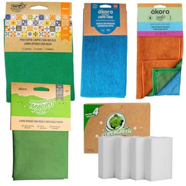 Imagem de Kit 10pcs: Panos Mágico Para Limpeza Geral Chão Piso Vidros + Esponja Melamina Cozinha Ákora (Pano Limpa Tudo Azul Claro)