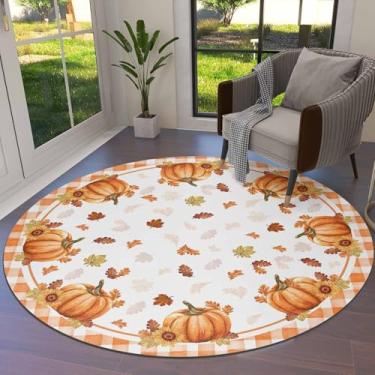 Imagem de Tapete redondo para outono, 1,5 m, folha de bordo, abóbora, tapetes laváveis para área interna, tapete à prova de manchas para sala de estar, sala de jantar, cozinha, quarto, tapete xadrez laranja