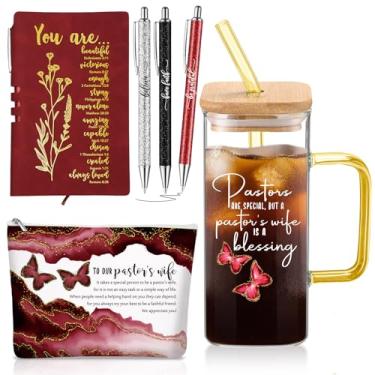 Imagem de Watersay 6 peças presentes de agradecimento da esposa do pastor copo de vidro de 382 g com alça bolsa de maquiagem cristã A6 canetas esferográficas inspiradoras religiosas presente de agradecimento