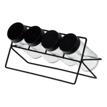 Imagem de Porta Temperos com Rack Metal Preto 4 Potes de Vidro Lyor