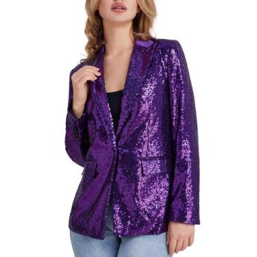 Imagem de Blazer Kelyaa, paletó feminino de lantejoulas, com frente aberta, roxo