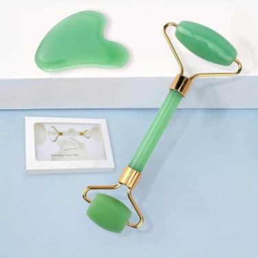 Imagem de Ferramentas faciais de rolo Gua Sha e Jade, rolo facial e ferramenta Guasha para rosto, rolo de cuidados com a pele para não amassar e levantar (verde)