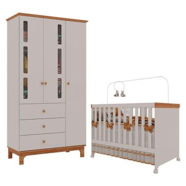 Imagem de Berço Americano Mini Cama Com Guarda Roupa Infantil Antonella 3 Portas Off White Caramelo - Canaã