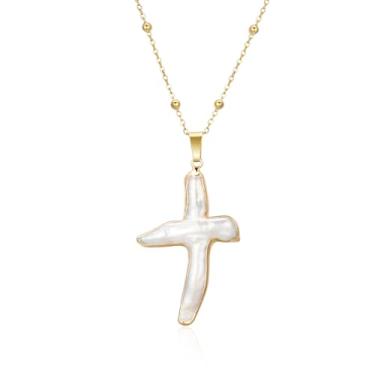 Imagem de KAGREC Conjunto de joias com cruz de pérola banhada a ouro 18K para mulheres, conjunto de colar e brinco com cruz de pérola, Standard, Aço inoxidável, Sem Pedra Preciosa