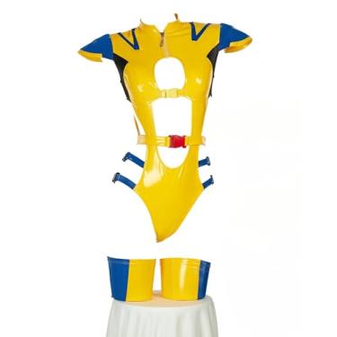 Imagem de Mobbunny Fantasia de cosplay para mulheres, conjunto de lingerie sexy derivada do filme, body com recorte colado ao corpo, body com luvas (amarelo, 1xl2xl)