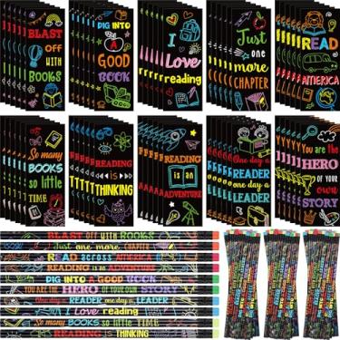 Imagem de Dunzoom Conjunto de 120 marcadores motivacionais de leitura e lápis pretos inspiradores 60 marcadores de leitura 60 lápis de madeira com borracha para estudantes, professores, presentes de recompensa