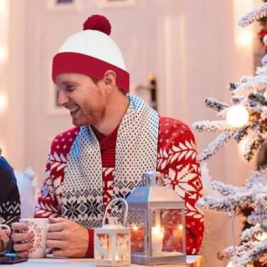 Imagem de 1 chapéu feminino moderno de Natal com bola de lã vermelha e branca, boné feminino de lã com bloqueio de cor, pequeno boné adequado para uso diário