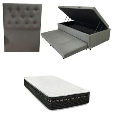 Imagem de Cama Box Baú Solteiro com Auxiliar (Bicama) + Colchão Eagle Molas Bonnel 22cm | Kit Completo com Cabeceira Botonê Opcional | Diversas Cores (3, SUEDE CINZA, COM CABECEIRA)