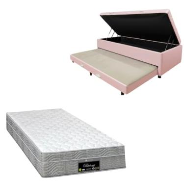 Imagem de Cama Box Baú Solteiro com Auxiliar (Bicama) + Colchão RivIera Molas Ensacadas 25cm | Kit Completo com Cabeceira Botonê Opcional | Diversas Cores (2, CORINO ROSA, SEM CABECEIRA)