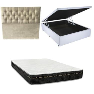 Imagem de Cama Box Baú Blindada com Colchão Eagle Molas Bonnel 22cm + Cabeceira Botonê (CORINO BRANCO, Casal)
