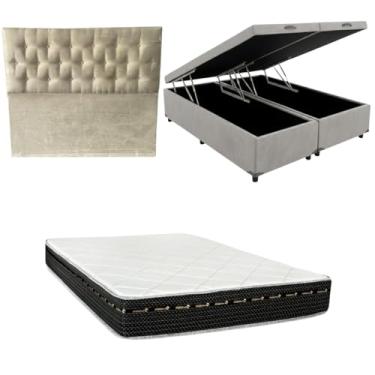 Imagem de Cama Box Baú Bipartida Blindada + Colchão Eagle Molas Bonnel 22cm | Kit Completo com Cabeceira Botonê Opcional | Diversas Cores (3, CORINO CINZA, COM CABECEIRA)