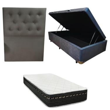 Imagem de Cama Box Baú Blindada com Colchão Eagle Molas Bonnel 22cm + Cabeceira Botonê (SUEDE CINZA, Solteiro)