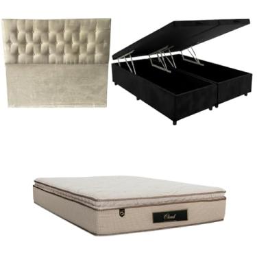 Imagem de Cama Box Baú Bipartida Blindada com Colchão Cloud Molas Ensacadas C/Pillowtop 32cm + Cabeceira Botonê (SUEDE PRETO, King)