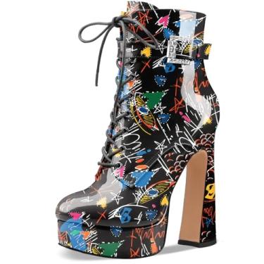 Imagem de Perisis Bota feminina preta de cano curto plataforma com cadarço salto alto grosso fechado bico redondo com zíper lateral e fivela de alça para mulheres sexy e fofas, Graffiti Black Patent, 42