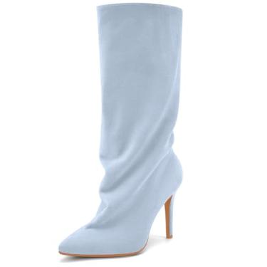 Imagem de Perisis Botas femininas despojadas cano médio pretas longas de puxar salto agulha bico fino botas de tubarão para mulheres sexy moda, Camurça - azul bebê, 40