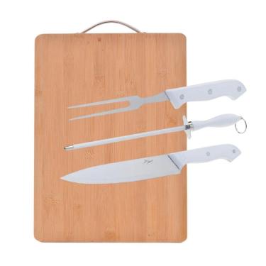 Imagem de Kit Tábua Corte Bambu + Faca Garfo Chaira Afiador Churrasco
